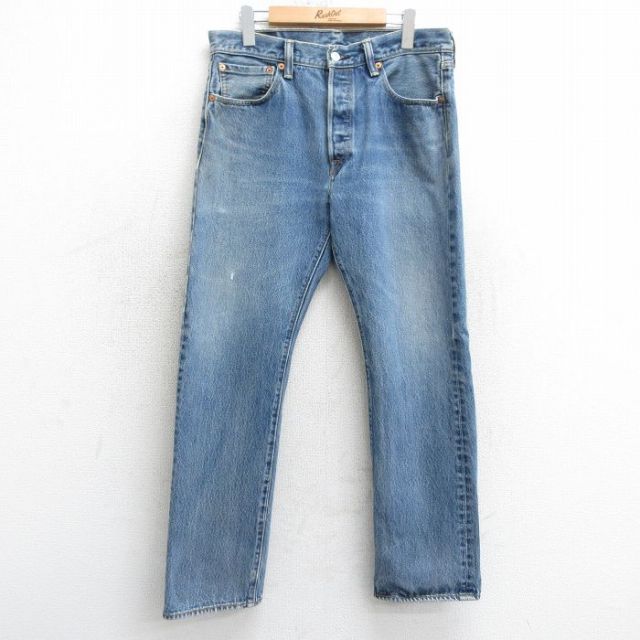 W33★古着 ジーンズ Levis リーバイス 501 メンズ ヒゲ コットン 紺 ネイビー デニム 25mar24 中古 ボトムス ジーパン Gパン ロング パンツ