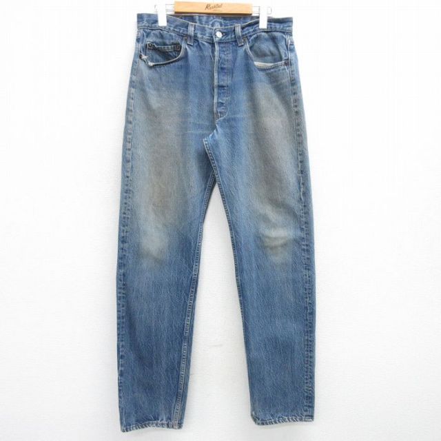 W34★古着 ジーンズ Levis リーバイス 501 メンズ 90年代 90s ヒゲ コットン USA製 紺 ネイビー デニム 25mar25 中古 ボトムス ジーパン Gパン ロング パンツ