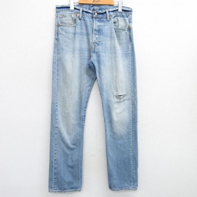 W34★古着 ジーンズ Levis リーバイス 501 メンズ ヒゲ コットン 薄紺 ネイビー デニム 25mar25 中古 ボトムス ジーパン Gパン ロング パンツ