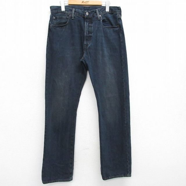 W33★古着 ジーンズ Levis リーバイス 501 メンズ ヒゲ コットン 濃紺 ネイビー デニム 25mar25 中古 ボトムス ジーパン Gパン ロング パンツ