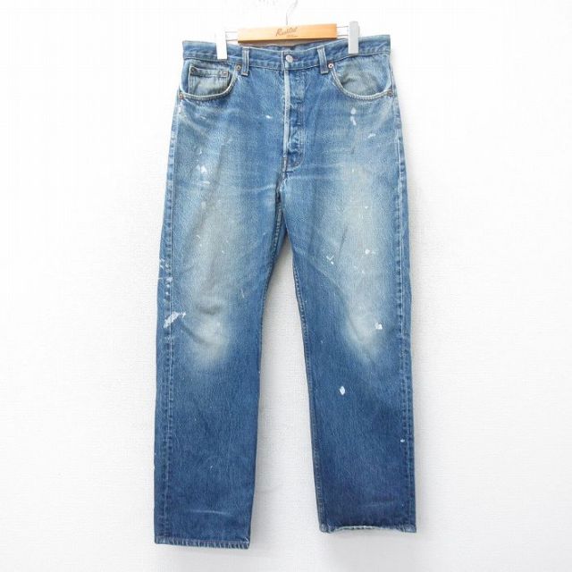 W36★古着 ジーンズ Levis リーバイス 501 メンズ 90年代 90s ヒゲ コットン USA製 紺 ネイビー デニム 【spe】 25apr12 中古 ボトムス ジーパン Gパン ロング パンツ
