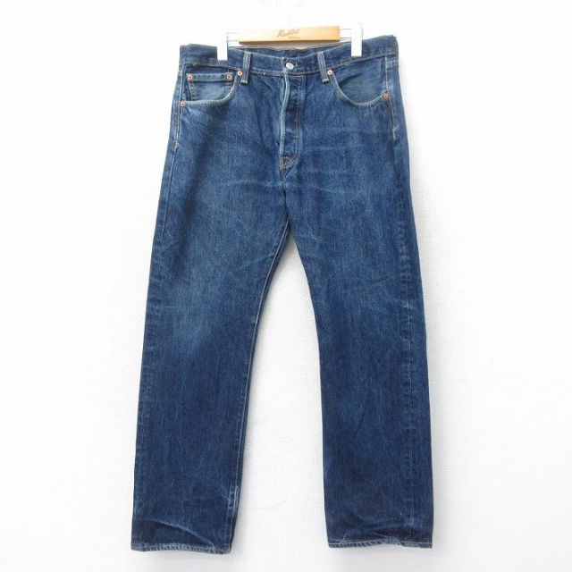 W34★古着 ジーンズ Levis リーバイス 501 メンズ ヒゲ コットン 紺 ネイビー デニム 25apr12 中古 ボトムス ジーパン Gパン ロング パンツ