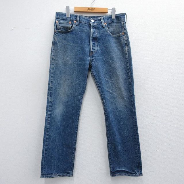 W34★古着 ジーンズ Levis リーバイス 501 メンズ ヒゲ 紺 ネイビー デニム 25may17 中古 ボトムス ジーパン Gパン ロング パンツ