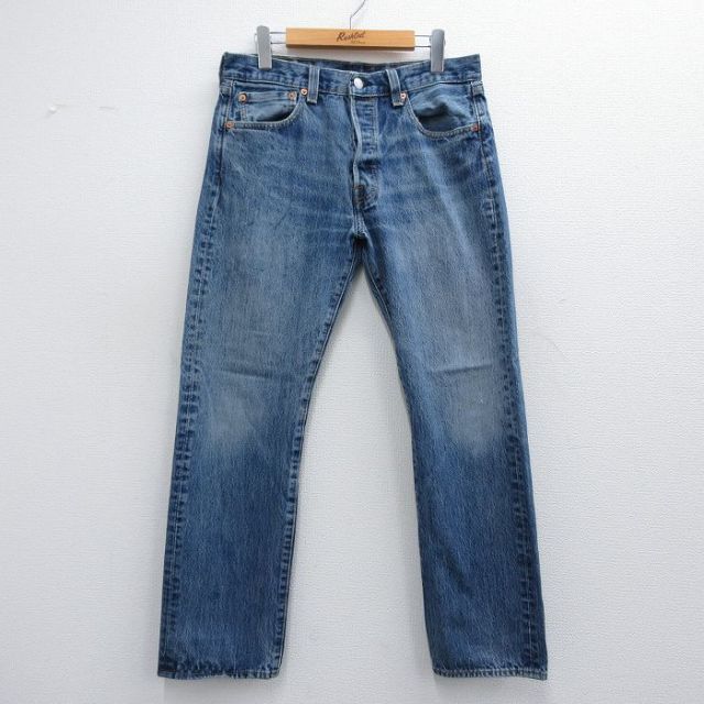 W32★古着 ジーンズ Levis リーバイス 501 メンズ ヒゲ コットン 紺 ネイビー デニム 25may17 中古 ボトムス ジーパン Gパン ロング パンツ