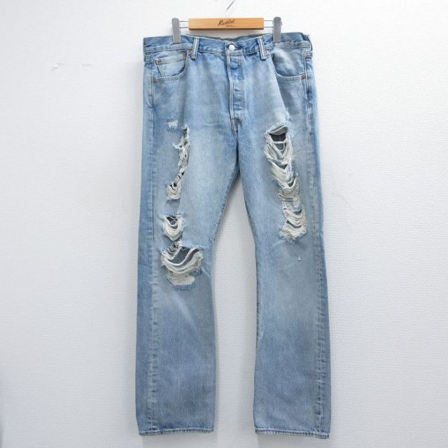W36★古着 ジーンズ Levis リーバイス 501 メンズ ヒゲ コットン 薄紺 ネイビー デニム 25may17 中古 ボトムス ジーパン Gパン ロング パンツ