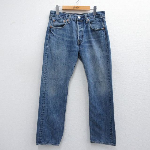 W32★古着 ジーンズ Levis リーバイス 501 メンズ ヒゲ コットン 紺 ネイビー デニム 25may17 中古 ボトムス ジーパン Gパン ロング パンツ
