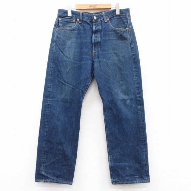 W34★古着 ジーンズ Levis リーバイス 501 メンズ ヒゲ コットン 紺 ネイビー デニム 【spe】 25jun18 中古 ボトムス ジーパン Gパン ロング パンツ