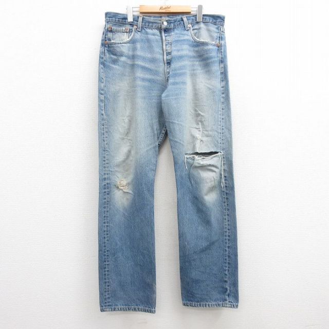 W37★古着 ジーンズ Levis リーバイス 501 メンズ 90年代 90s ヒゲ コットン USA製 紺 ネイビー デニム 【spe】 25jul17 中古 ボトムス ジーパン Gパン ロング パンツ