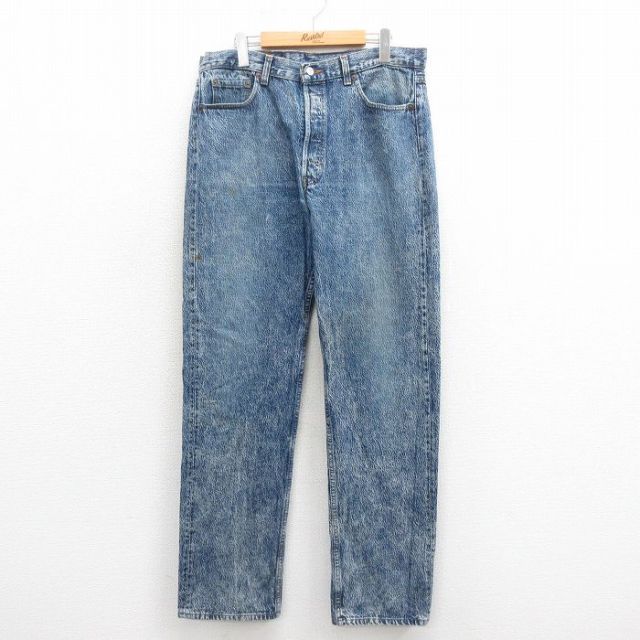 【20%OFF】W35★古着 ジーンズ Levis リーバイス 501 メンズ 90年代 90s ケミカルウォッシュ コットン USA製 紺 ネイビー デニム 【spe】 25oct30 中古 ボトムス ジーパン Gパン ロング パンツ
