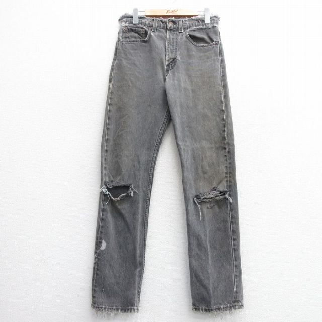 【50%OFF】W32★古着 ジーンズ Levis リーバイス 505 メンズ 90年代 90s ヒゲ コットン USA製 黒 ブラック デニム ダメージ加工 【spe】 25mar25 中古 ボトムス ジーパン Gパン ロング パンツ