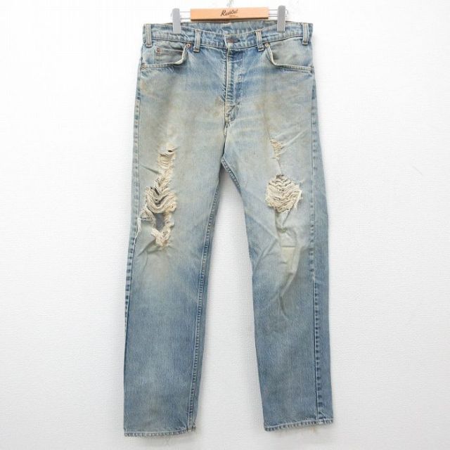 W34★古着 ジーンズ Levis リーバイス 505 メンズ 80年代 80s ヒゲ ボロ タロン 紺 ネイビー デニム 【spe】 25may16 中古 ボトムス ジーパン Gパン ロング パンツ