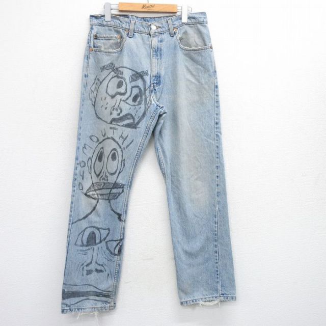 W33★古着 ジーンズ リーバイス Levis 505 メンズ 00年代 00s 顔 ハンドペイント コットン 薄紺 ネイビー デニム 【spe】 25sep19 中古 ボトムス ジーパン Gパン ロング パンツ