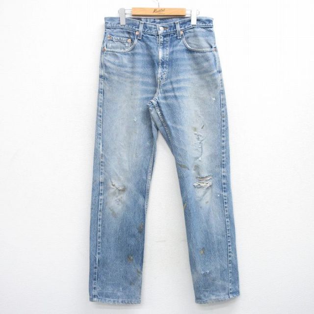 【20%OFF】W33★古着 ジーンズ リーバイス Levis 505 メンズ ヒゲ コットン 紺 ネイビー デニム 25oct30 中古 ボトムス ジーパン Gパン ロング パンツ