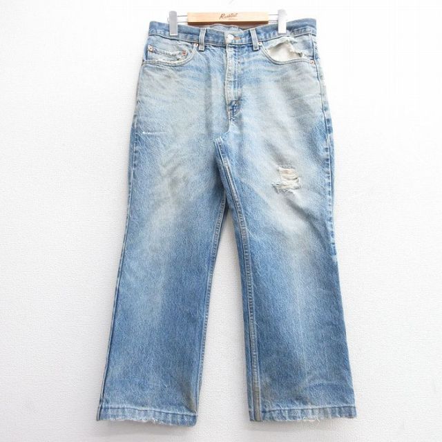 W34★古着 ジーンズ Levis リーバイス 517 メンズ ヒゲ ブーツカット 紺 ネイビー デニム 25feb20 中古 ボトムス ジーパン Gパン ロング パンツ