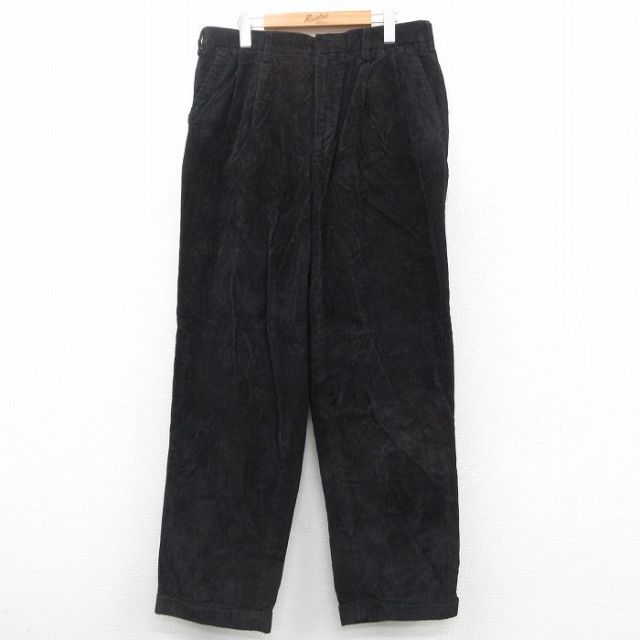 W34★古着 コーデュロイ パンツ メンズ 太畝 コットン 黒 ブラック 25oct11 中古 ボトムス ロング
