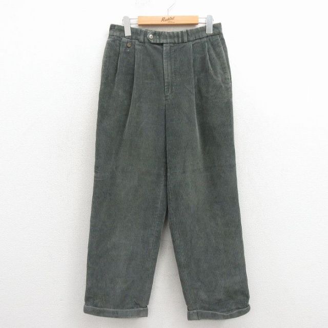 古着通販 W34☆古着 コーデュロイ パンツ メンズ 太畝 コットン 緑系