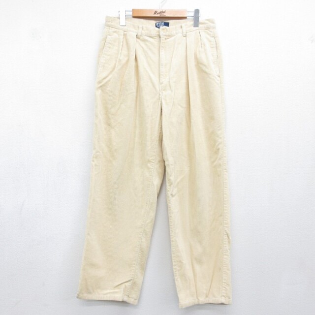 W32★古着 ラルフローレン Ralph Lauren ブランド コーデュロイ パンツ メンズ 90年代 90s 太畝 タック コットン ベージュ【spe】 26aug17