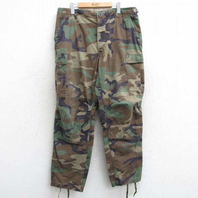 W38★古着 ミリタリー カーゴ パンツ メンズ 90年代 90s ウッドランドカモ コンバット USA製 濃緑 グリーン 迷彩 25mar05 中古 ボトムス ロング