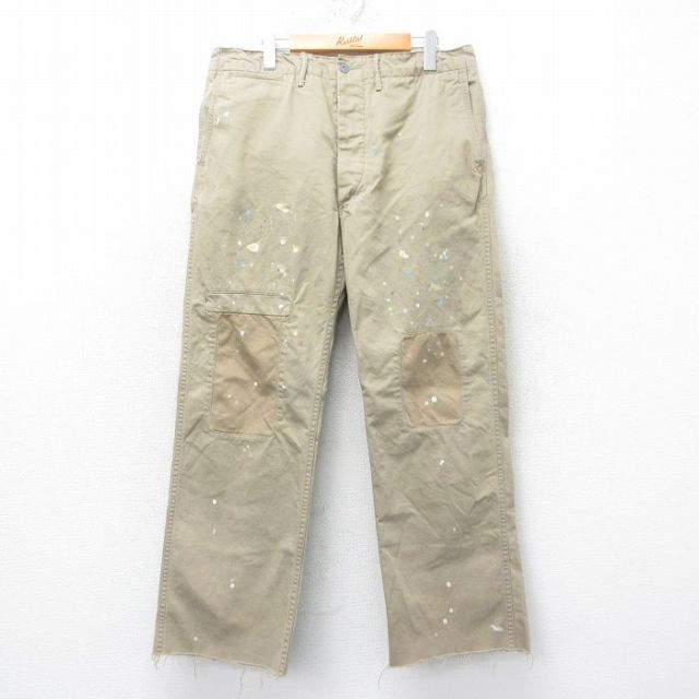 W36★古着 ラルフローレン Ralph Lauren ダブルアールエル ブランド ミリタリー チノ パンツ チノパン メンズ ペイント加工 コットン ベージュ カーキ 【spe】 25mar26 中古 ボトムス ロング