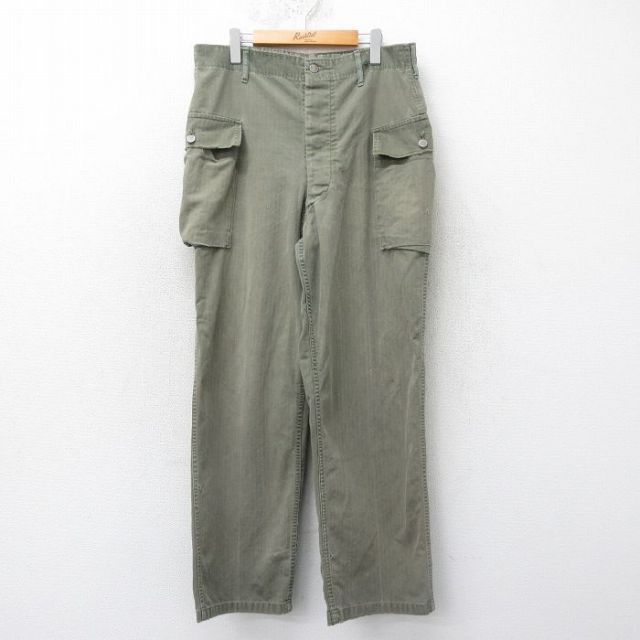 W36★古着 ビンテージ ミリタリー カーゴ パンツ メンズ 40年代 40s ヘリンボーン 緑系 グリーン 【spe】 25apr01 中古 ボトムス ロング