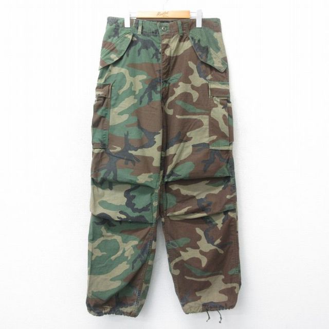 W35★古着 ミリタリー カーゴ パンツ メンズ 80年代 80s M-65 ウッドランドカモ USA製 タロン 茶 ブラウン 迷彩 【spe】 25apr19 中古 ボトムス ロング