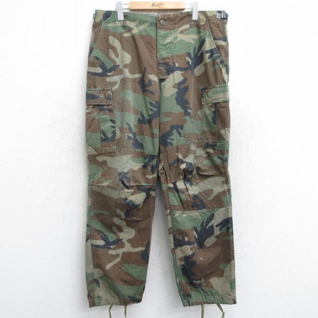 W38★古着 ミリタリー カーゴ パンツ メンズ ウッドランドカモ USA製 濃い緑他 グリーン 迷彩 25may09 中古 ボトムス ロング