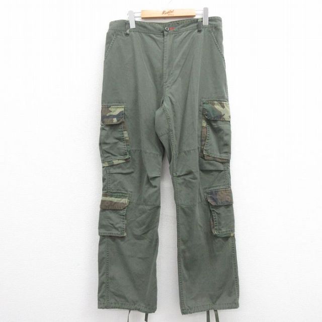 W33★古着 ミリタリー カーゴ パンツ メンズ 緑 グリーン 25aug23 中古 ボトムス ロング