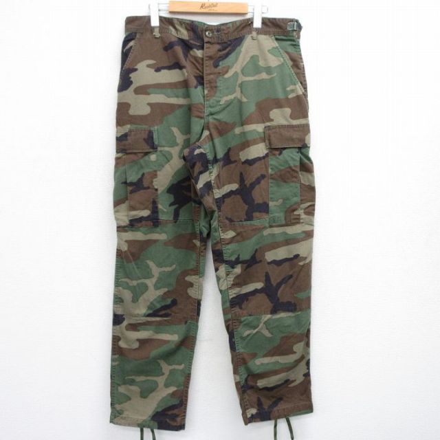 W35★古着 ミリタリー カーゴ パンツ メンズ 90年代 90s コンバット ウッドランドカモ USA製 緑他 グリーン 迷彩 25sep29 中古 ボトムス ロング