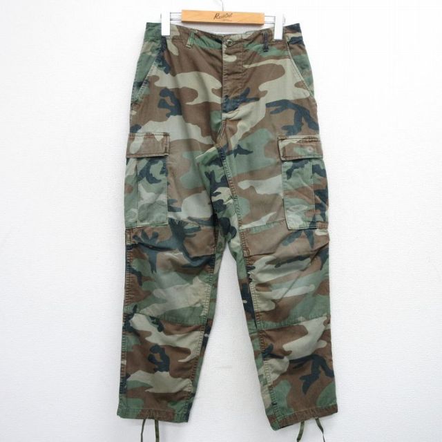 W30★古着 ミリタリー カーゴ パンツ メンズ 80年代 80s コンバット ウッドランドカモ USA製 緑他 グリーン 迷彩 25sep29 中古 ボトムス ロング