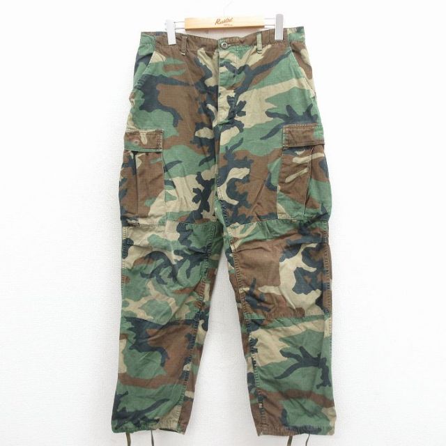 W33★古着 ミリタリー カーゴ パンツ メンズ 80年代 80s コンバット リップストップ ウッドランドカモ コットン USA製 緑 迷彩 25nov26