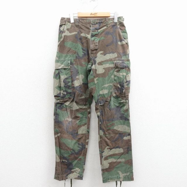 W31★古着 ミリタリー カーゴ パンツ メンズ 80年代 80s コンバット リップストップ ウッドランドカモ USA製 緑 迷彩 25nov26