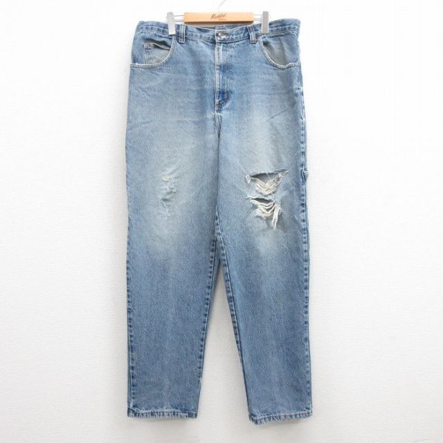 【20%OFF】W38★古着 ゲス GUESS ペインター パンツ メンズ 90年代 90s ヒゲ コットン USA製 タロン 紺 ネイビー デニム ダメージ加工 25jan29 中古 ボトムス ロング