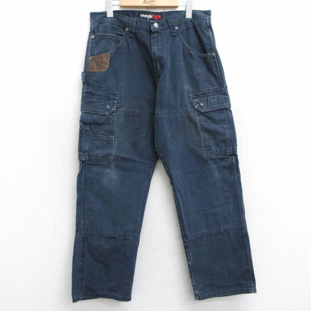 W32★古着 ラングラー Wrangler カーゴ ペインター パンツ メンズ リップストップ コットン 黒 ブラック 25feb01 中古 ボトムス ロング