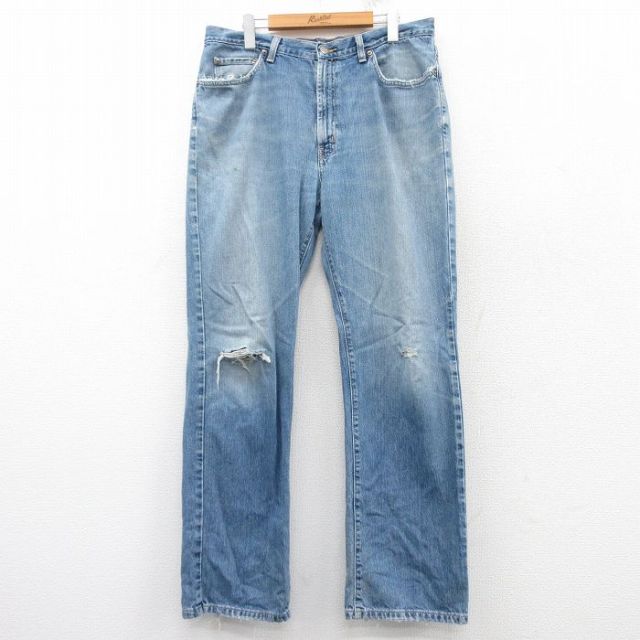 W35★古着 ラルフローレン Ralph Lauren ブランド ジーンズ メンズ ヒゲ コットン 紺 ネイビー デニム 25feb04 中古 ボトムス ジーパン Gパン ロング パンツ