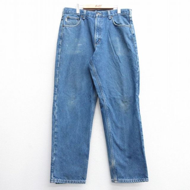 W37★古着 カーハート Carhartt ジーンズ メンズ コットン 紺 ネイビー デニム 内側フランネル 25feb05 中古 ボトムス ジーパン Gパン ロング パンツ