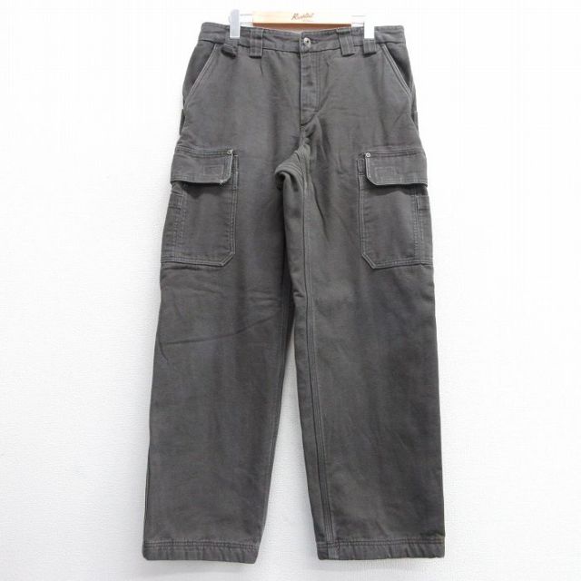 W33★古着 カーゴ パンツ メンズ ダック地 コットン 緑系 グリーン 内側フリース 25feb05 中古 ボトムス ロング