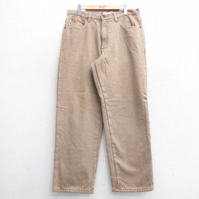W34★古着 エルエルビーン LLBEAN ジーンズ メンズ コットン ベージュ カーキ デニム 内側フリース 25feb05 中古 ボトムス ジーパン Gパン ロング パンツ