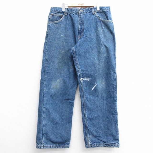 W36★古着 カーハート Carhartt ジーンズ メンズ 90年代 90s コットン USA製 紺 ネイビー デニム 内側フランネル 25feb05 中古 ボトムス ジーパン Gパン ロング パンツ