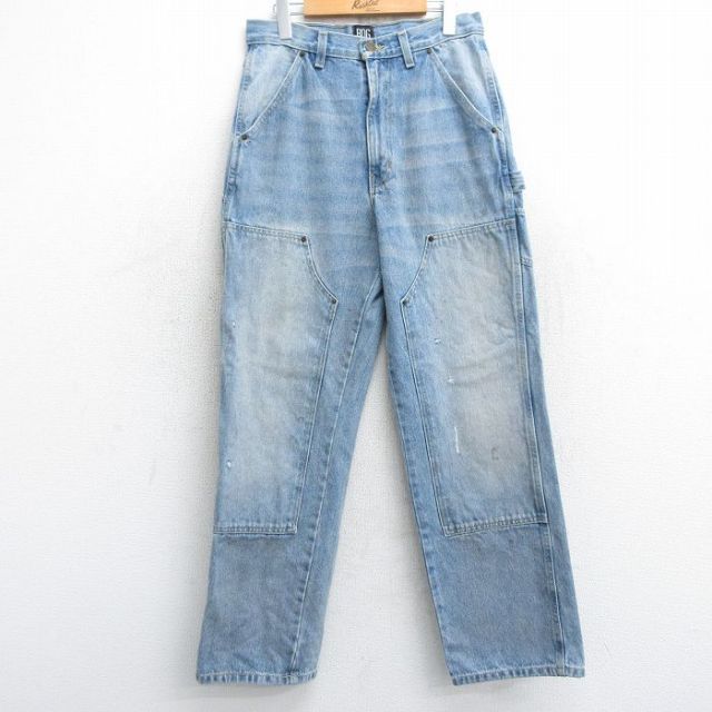 W32★古着 ペインター パンツ メンズ ダブルニー ヒゲ コットン 紺 ネイビー デニム 25feb08 中古 ボトムス ロング