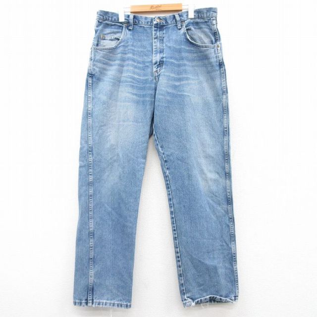 W38★古着 ラングラー Wrangler ジーンズ メンズ ヒゲ コットン 紺 ネイビー デニム 25feb25 中古 ボトムス ジーパン Gパン ロング パンツ