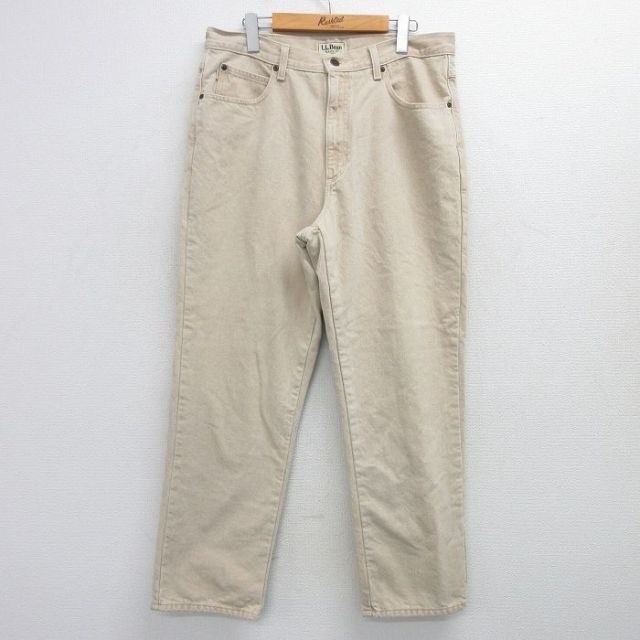 W35★古着 エルエルビーン LLBEAN ジーンズ メンズ 00年代 00s コットン ベージュ カーキ デニム 内側フランネル 25feb25 中古 ボトムス ジーパン Gパン ロング パンツ