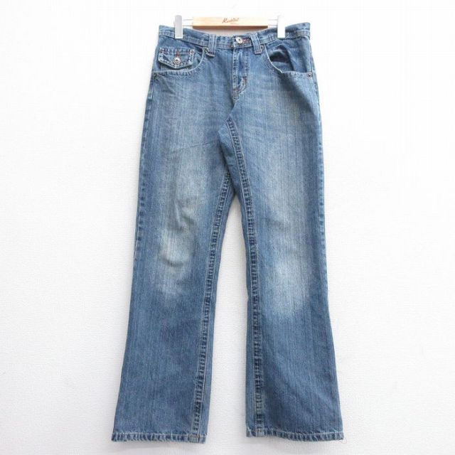 W32★古着 ジーンズ メンズ ヒゲ フレア ブーツカット コットン 紺 ネイビー デニム 25feb28 中古 ボトムス ジーパン Gパン ロング パンツ