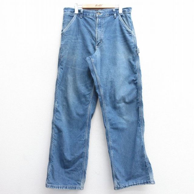W32★古着 カーハート Carhartt ペインター パンツ メンズ ヒゲ 紺 ネイビー デニム 内側フランネル 【spe】 25feb28 中古 ボトムス ロング