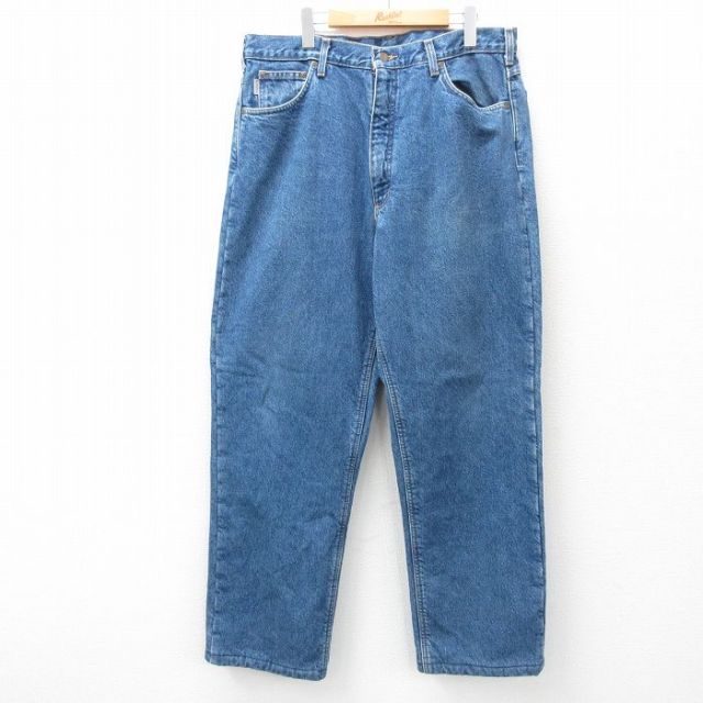W38★古着 カーハート Carhartt ジーンズ メンズ コットン 紺 ネイビー デニム 内側フリース 【spe】 25mar01 中古 ボトムス ジーパン Gパン ロング パンツ