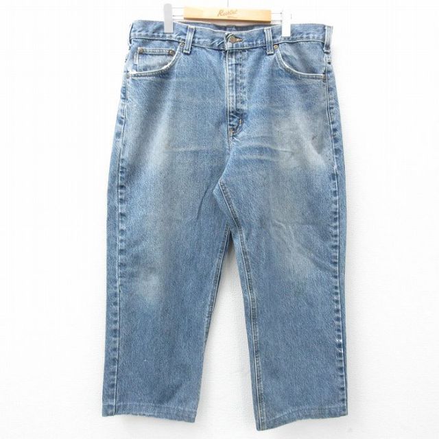 W37★古着 カーハート Carhartt ジーンズ メンズ ヒゲ コットン 紺 ネイビー デニム 【spe】 25mar03 中古 ボトムス ジーパン Gパン ロング パンツ
