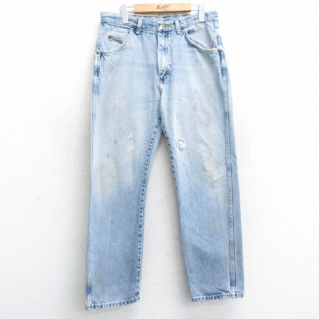 W35★古着 ラングラー Wrangler ジーンズ メンズ ヒゲ コットン 薄紺 ネイビー デニム 25mar05 中古 ボトムス ジーパン Gパン ロング パンツ