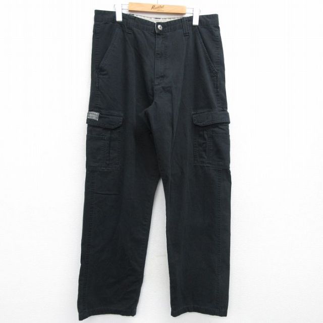 W34★古着 ラングラー Wrangler カーゴ パンツ メンズ コットン 黒 ブラック 25mar08 中古 ボトムス ロング