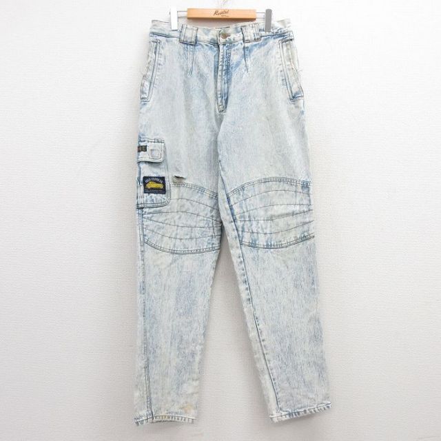 W33★古着 ジーンズ メンズ 90年代 90s OSLO ケミカルウォッシュ コットン 薄紺 ネイビー デニム 25mar08 中古 ボトムス ジーパン Gパン ロング パンツ