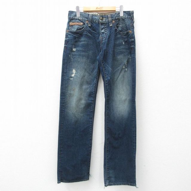 W33★古着 ゲス GUESS ジーンズ メンズ 紺 ネイビー デニム 25mar12 中古 ボトムス ジーパン Gパン ロング パンツ