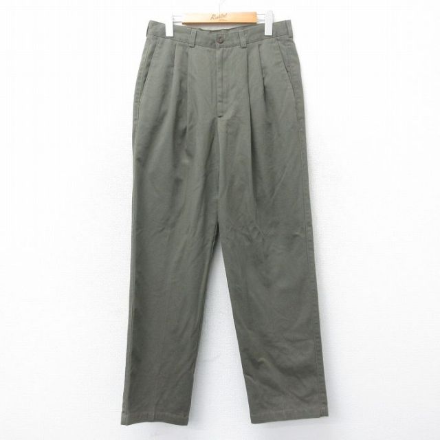 W32★古着 パンツ メンズ コットン 濃緑 グリーン 25mar12 中古 ボトムス ロング